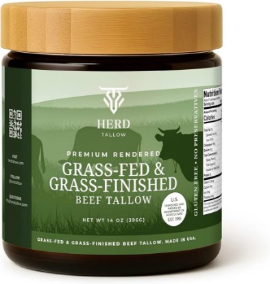 Picture of Herd Tallow 100% Grass-Fed Grass-Finished Beef Tallow for Cooking, 14oz Jar - USDA Inspected - Pure, Triple-Filtered Cooking Fat - High Smoke Point Oil Alternative for Frying, Searing, Roasting, Keto & Paleo Friendly