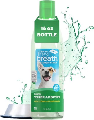 Picture of TropiClean Fresh Breath Water Additive for Dogs, Dog Breath Freshener, 16oz | Freshens Breath & Cleans Teeth | No Toothpaste or Toothbrush Required