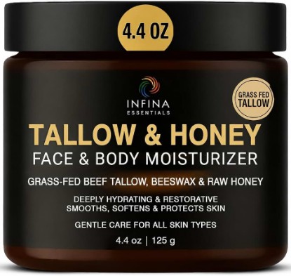 Picture of Grass Fed Beef Tallow for Skin Face and Body Moisturizing Cream, 4.4 oz | Balm Style Moisturizer with Raw Honey, Beeswax & Olive Oil for Dry Skin, Hands & Feet - INFINA ESSENTIALS [Amazon-developed Certification] Compact by Design