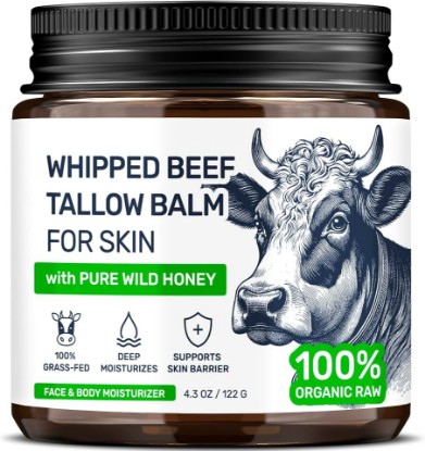 Picture of Beef Tallow for Skin - Grass Fed Whipped Tallow and Honey Balm for Face, 3-Ingredient Fragrance Free Beef Tallow for Face and Body with Beeswax - Moisturizer for Dry Sensitive Skin, 4.3 oz