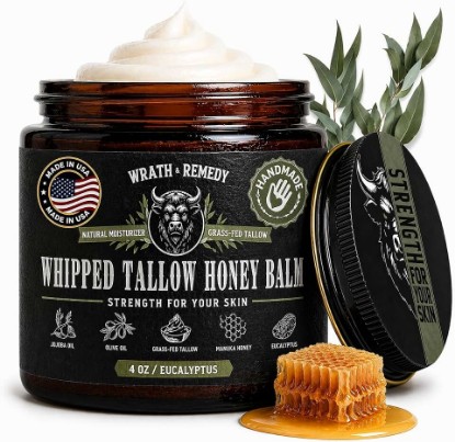 Picture of Organic Beef Tallow for Skin, Made in USA, Handcrafted, Eucalyptus, 4 oz | Wrath & Remedy Whipped Tallow and Honey Balm, Grass-Fed Dry and Sensitive Skin Moisturizer, Eczema, Rosacea (No Additives)