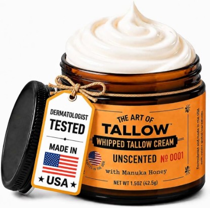 Picture of Organic Whipped Tallow Balm — Dermatologist-Tested, Unscented Face and Body | Non-Comedogenic, 100% Grass-Fed Tallow Moisturizer for Eczema-Prone & Sensitive Skin, Organic Jojoba Oil, Manuka, 1.5 oz