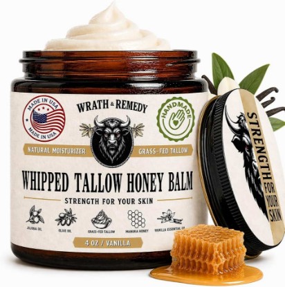 Picture of Organic Beef Tallow for Skin, Made in USA, Handcrafted, Vanilla, 4 oz | Wrath & Remedy Whipped Tallow and Honey Balm, Grass-Fed Dry and Sensitive Skin Moisturizer, Eczema, Rosacea (No Additives)