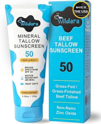 Picture of Beef Tallow Sunscreen SPF 50 – Mineral Sunscreen for Face & Body, Unscented, Reef Safe Sunscreen Lotion, Water Resistant, Zinc Oxide, Made in USA