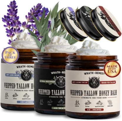 Picture of Organic Beef Tallow for Skin, Made in USA, Handcrafted, 4 oz (Pack of 3) | Wrath & Remedy Whipped Tallow and Honey Balm, Grass-Fed Dry and Sensitive Skin Moisturizer, Eczema, Rosacea (No Additives)