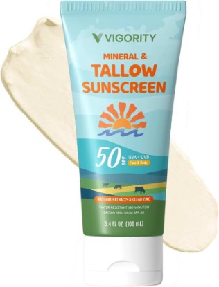 Picture of Vigority Tallow Sunscreen SPF 50 for Face & Body – Natural Grass-Fed Beef Tallow, Non-Nano Zinc Oxide – Moisturizing Mineral Sunblock, Non-Greasy & Non-Toxic, Reef Safe for Adults & Kids (3.4 oz)