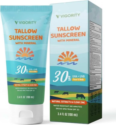 Picture of Vigority Tallow Sunscreen SPF 30 for Face & Body – Natural Grass-Fed Beef Tallow, Non-Nano Zinc Oxide – Moisturizing Mineral Sunblock, Non-Greasy & Non-Toxic, Reef Safe for Adults & Kids (3.4 oz)