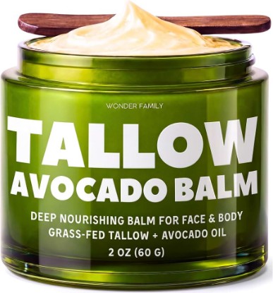 Picture of Beef Tallow & Avocado Balm for Skin & Face – Grass-Fed Beef Tallow with Avocado, Jojoba & Shea – Deep Moisturizer for Dry Skin – Includes Wooden Spatula & Pouch – For Men & Women