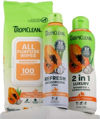 Picture of TropiClean Grooming Kit, Shampoo and Conditioner, Perfume & Wipes, 3 Pack