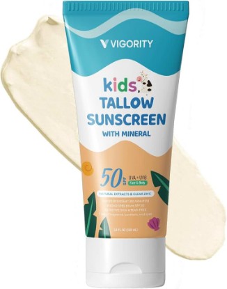 Picture of Beef Tallow Sunscreen for Kids with Zinc Oxide: Natural Non-Toxic SPF 50 Tallow Sunblock Cream - with Food-Grade Botanical Extracts - Kids & Sensitive Skin Safe, Water-Resistant - 3.4 FL OZ