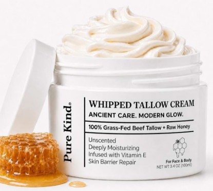 Picture of Whipped Tallow Cream with Raw Honey – 100% Grass-Fed Beef Tallow Moisturizer for Face & Body with Vitamins A, D, E & K – Deep Hydration for Dry & Sensitive Skin, Unscented 3.4 oz