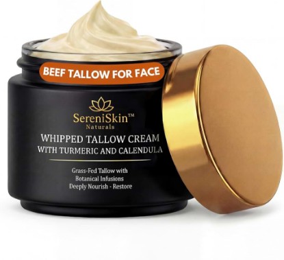 Picture of SereniSkin Grass-Fed Beef Tallow for Face & Skin - Deep, Long-Lasting Hydration & Skin Barrier - Whipped Organic Face Moisturizer & Body Cream for Dry, Sensitive Skin - Non-Greasy, Fragrance-Free, 4oz
