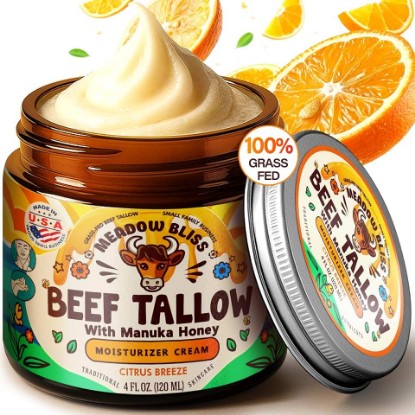 Picture of Meadow Bliss Beef Tallow for Skin - Moisturizer Cream - 100% Grass Fed - Whipped Beef Tallow - Manuka Honey - Organic Jojoba Oil, Shea Butter - Supports Eczema, Rosacea - USA - Citrus Breeze - 4 oz