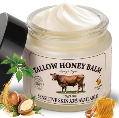 Picture of Beef Tallow for Skin, Tallow and Honey Balm Tallow Face Moisturizer with Ginseng Extract, Pure Beef Tallow Balm Blend of Vitamins Grass Fed Beef Tallow Hydrates and Nourishes the Skin