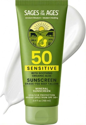 Picture of Grass-Fed Tallow Mineral Sunscreen SPF 50 — No White Cast, Non-Nano Zinc Oxide, Reef Safe UVA/UVB, Water Resistant 80 Min, Moisturizing & Soothing with Aloe Vera, Face & Body