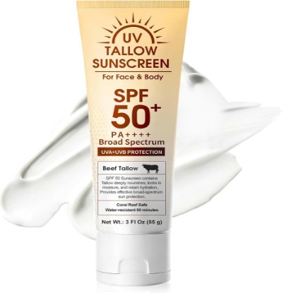 Picture of Beef Tallow Reef Safe Sunscreen SPF 50 for Face, Natural Grass-Fed Beef Tallow,Mineral Non-Nano Zinc Oxide Sunblock,Moisturizing Mineral Sunblock for Summer Outdoor Sports Beach Daily Use,85g