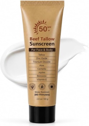 Picture of Beef Tallow Sunscreen SPF 50 with Non-Nano Zinc Oxide | Organic Mineral Sunscreen Face & Body, Soothing Centella Formula, Water-Resistant 80 Min, Non-Toxic & No White Cast, 2.8 OZ