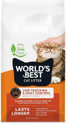 Picture of World's Best Cat Litter Low Tracking & Dust Control, Unscented, 15 lb Bag | Reduces tracking and mess with advanced dust control; natural corn litter, quick clumping, flushable, 99% dust free formula