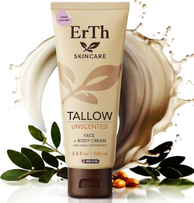 Picture of ErTh Grass-Fed Beef Tallow Cream for Skin - Tallow Moisturizer for Face & Body, Unscented Natural Cream with Organic Jojoba Oil, Deep Hydration for Dry & Sensitive Skin - Made in USA, 3.4 fl oz