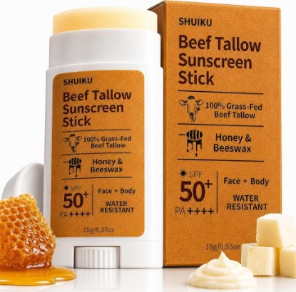 Picture of Beef Tallow Sunscreen Organic Stick SPF 50 – Non Nano Zinc Oxide Tallow-Based Mineral Sunscreen with Honey & Beeswax for Face & Body, Water-Resistant Natural Sunblock, 0.53 oz