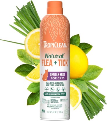 Picture of TropiClean Cat Flea and Tick Treatment Spray, Continuous Gentle Mist, Prevent & Control by Contact, Powerful & Natural Defense, Made in USA, 14oz