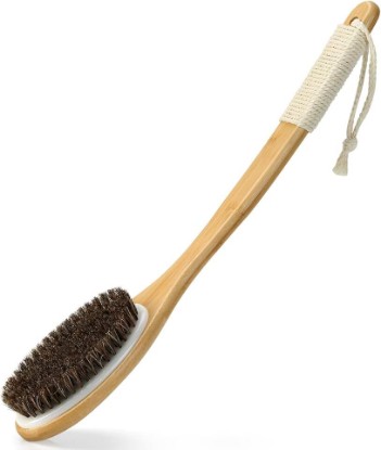 Picture of eaxun Bamboo Back Scrubber for Shower with Curved Long Handle, Shower Brush | 16.7 Inch Exfoliating Brush with Natural Horse Bristles for Men & Women, Anti-Slip Grip Back Washer for Bath or Dry Brushing