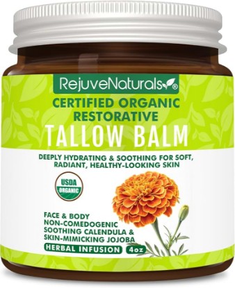 Picture of RejuveNaturals USDA Certified Organic Beef Tallow Balm, Large 4oz Glass Jar – Grass Fed & Finished Tallow with Beeswax & Jojoba Oil – Solid, Non-Comedogenic (Herbal Infusion (Unscented)) USDA Organic