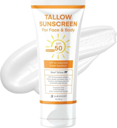 Picture of Beef Tallow Sunscreen SPF 50 with Mineral : Instant Sun Protection Non Nano Zinc Oxide Sunblock- Non Greasy Formula- Beach Jogging - 3 Ounce (Pack of 1)