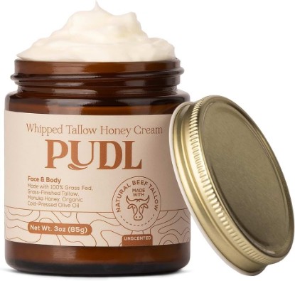 Picture of PUDL Whipped Beef Tallow Face Cream with Manuka Honey – Grass Fed Grass Finished Tallow Balm with Organic Jojoba & Olive Oil – Natural Face & Body Moisturizer for Sensitive Skin, Made in USA, 3 oz