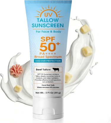 Picture of Beef Tallow Sunscreen SPF 50, Broad Spectrum Mineral Lotion with Non-Nano Zinc Oxide - No White Cast, Non-Greasy, Reef-Safe & Water-Resistant for Sensitive Skin (3 Fl Oz)