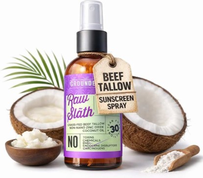 Picture of GROUNDED LABS Reef Safe Beef Tallow Sunscreen Spray Travel Mineral Sunblock | Ancestral Skincare Chemical-Free Sunscreen with 100% Grass-Fed Beef Tallow, Non-Nano Zinc Oxide & Coconut Oil (SPF 30)