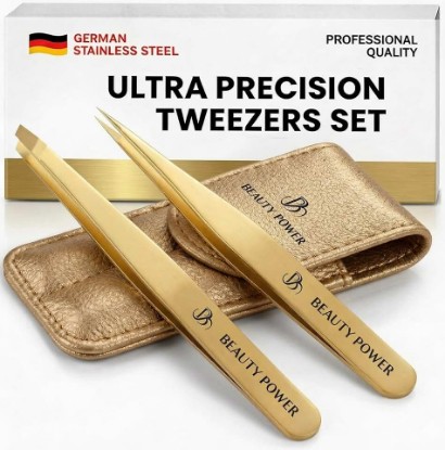 Picture of Beauty Power Professional Tweezers Set – Slant & Point, Ultra Precision German Stainless Steel Tweezers for Eyebrows, Chin, Ingrown Hair & Facial Grooming – Lightweight with Case - Gift Idea - Gold