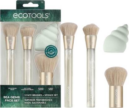 Picture of EcoTools Sea Gems Face Makeup Brush & Sponge 4-Piece Set | Blend an even base with a makeup brush set with beauty sponge, foundation brush, blush brush and kabuki brush