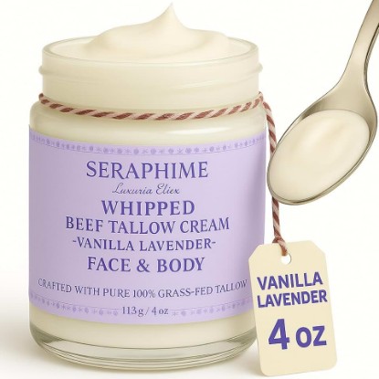 Picture of Whipped Beef Tallow for Skin Care, Organic Pure Grass Fed Beef Tallow Moisturizer Cream for Face & Body Lotion, Cow Tallow with Niacinamide, Shea Butter & Aloe, Vanilla Lavender 4oz