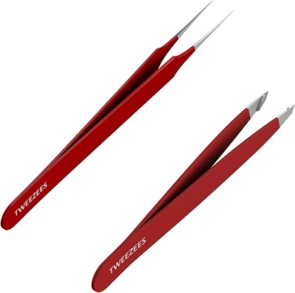 Picture of Precision Red Stainless Steel Tweezers | Professional Slant Tip & Splinter Tip Tweezer | Extra Sharp Hair Removal Tool | For Eyebrow Shaping