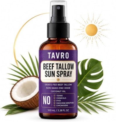 Picture of Tavro Beef Tallow Sunscreen with Zinc Oxide & Coconut Oil, 100ml | Fine Mist Body Spray with Grass-Fed Beef Tallow, Non-Nano Zinc Oxide and Coconut Oil, Daily Outdoor Skin Care, 3.38 Fl Oz