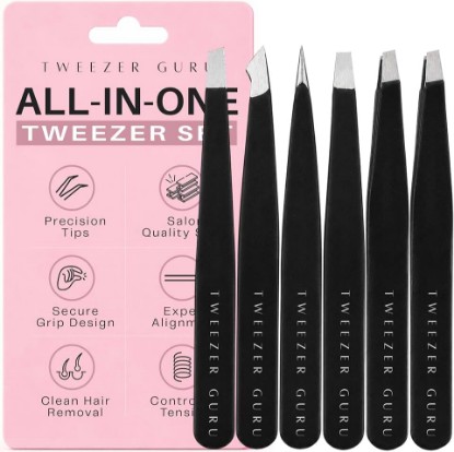 Picture of TWEEZER GURU Eyebrow Tweezer Set for Women & Men - Professional Slant and Pointed Tweezers Set with Case - Precision Tweezers Kit for Facial Hair, Splinter and Ingrown Hair Removal (6 Pack)