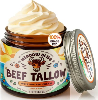 Picture of Meadow Bliss Beef Tallow for Skin - Moisturizer Cream - 100% Grass Fed - Whipped Beef Tallow - Organic Jojoba Oil - Organic Shea Butter - Supports Eczema, Rosacea - Made in USA - Unscented - 2 oz