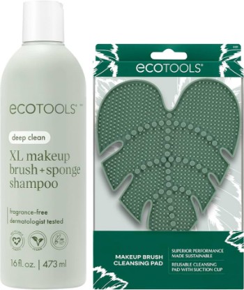 Picture of EcoTools Makeup Brush Cleaner Set, Sponge Shampoo 16 Oz + Silicone Pad | Plant-Based Shampoo Removes Makeup, Oil & Buildup, Silicone Pad with Suction, Extends Brush Life, Vegan & Cruelty-Free