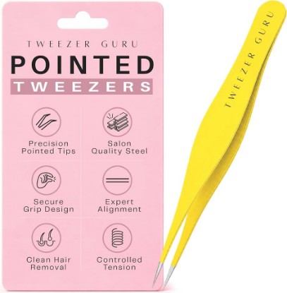 Picture of Pointed Tweezers - Sharp Precision Needle Nose Tip, Best Tweezers for Eyebrows and Ingrown Hair, Surgical Pointed for Blackheads & Splinters (Yellow)