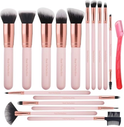 Picture of Real Perfection Makeup Brush Set 16 Pcs with 1 Eyebrow Razor Premium Synthetic Foundation Powder Concealers Eyeshadow Blush Makeup Brushes Make up Brushes Kit (Pink)