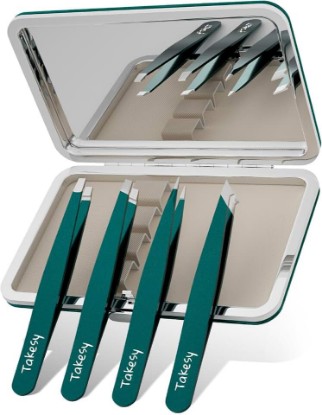 Picture of Upgraded Sharp Precision Tweezers for Facial Hair & Chin Hair, Slanted Design for Women & Men Eyebrow Plucker, Great with Travel Mirror Case (Green)