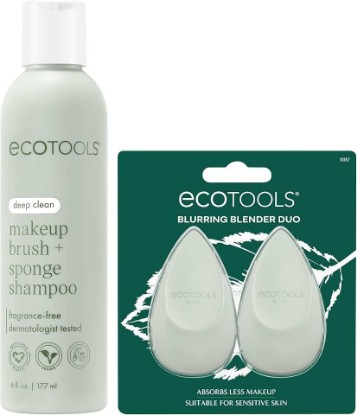 Picture of EcoTools Makeup Blender Duo + Brush & Sponge Shampoo Cleaner, Makeup Kit | 2 Reusable Blender Sponges for Liquids & Creams + Plant-Based Sponge Shampoo, Sulfate & Paraben-Free, Vegan Beauty Tools