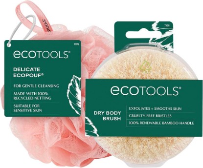 Picture of EcoTools Dry Body Brush + Pink Delicate EcoPouf, Exfoliating Loofah Set | Pre-Shower Body Brush for Circulation & Cellulite + Recycled Pouf for Sensitive Skin, Vegan, Self-Care Gifts for Women