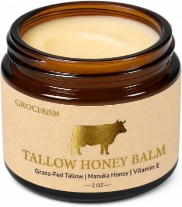 Picture of Grocerism Beef Tallow Balm, Manuka Honey Moisturizer for Dry Skin, 2 oz | Concentrated non-whipped solid balm for face, hands and body, with shea butter, vitamin E and a noticeable sweet aroma