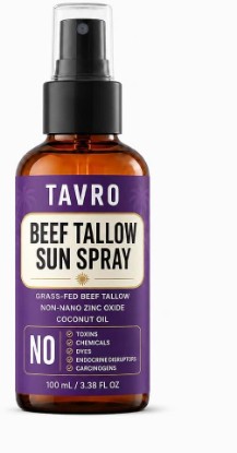 Picture of Tavro beef tallow sunscreen, Fine Mist Body Spray with Grass-Fed Beef Tallow, Non-Nano Zinc Oxide and Coconut Oil, for Everyday Outdoor Routines, 3.38 Fl Oz (100 mL)