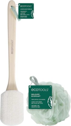 Picture of EcoTools Loofah Bath Brush + Green Delicate EcoPouf, Exfoliating Shower Set | Long-Handle Loofah Reaches Back & Legs + Recycled-Netting Pouf for Sensitive Skin, Vegan, Self-Care Gifts for Women