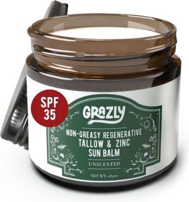 Picture of Grazly Beef Tallow Sunscreen SPF 35 - Unscented Zinc Balm, 1.8 oz | Water resistant, non-greasy, natural sun balm for face, non-nano zinc, organic coconut oil, beeswax