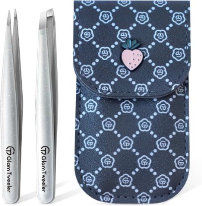 Picture of Expert Slant and Point Tip Tweezer Set with Exclusive Storage & Carrying Case, GlamTweeler Sharp & Precision Tweezer Set for Eyebrows, Facial Hairs and Fine Hairs Removal (Sparkle Silver)