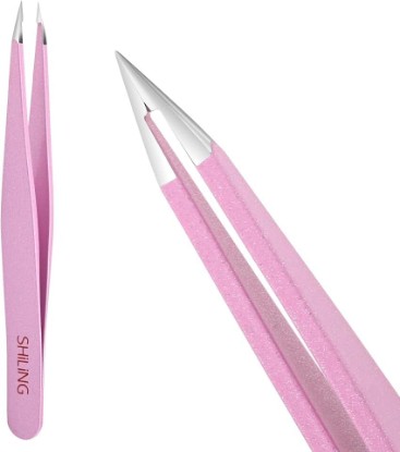 Picture of SHILING Professional Precision Tweezers, Pink, Stainless Steel | Pointed Tip, 0.1mm Ultra-Thin, Eyebrow and Facial Hair Removal, Personal Care and Makeup Tools